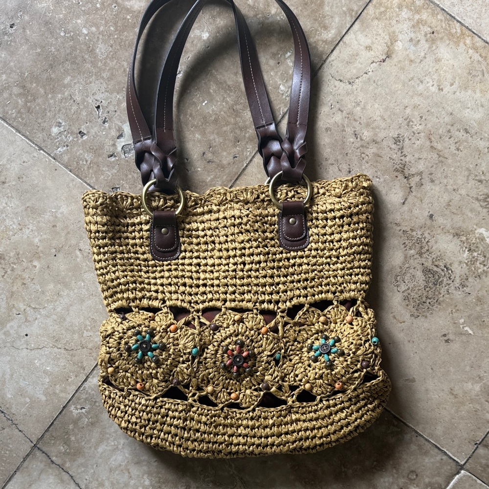Woven Crochet Tote Bag with Braided Leather Handles - Natural Brown